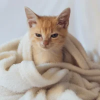 A small orange tabby kitten with a slight frown is nestled in a large, fluffy white blanket.
