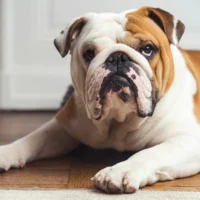 A **brown and white English Bulldog** with a wrinkled face lies down, looking directly at the camera.